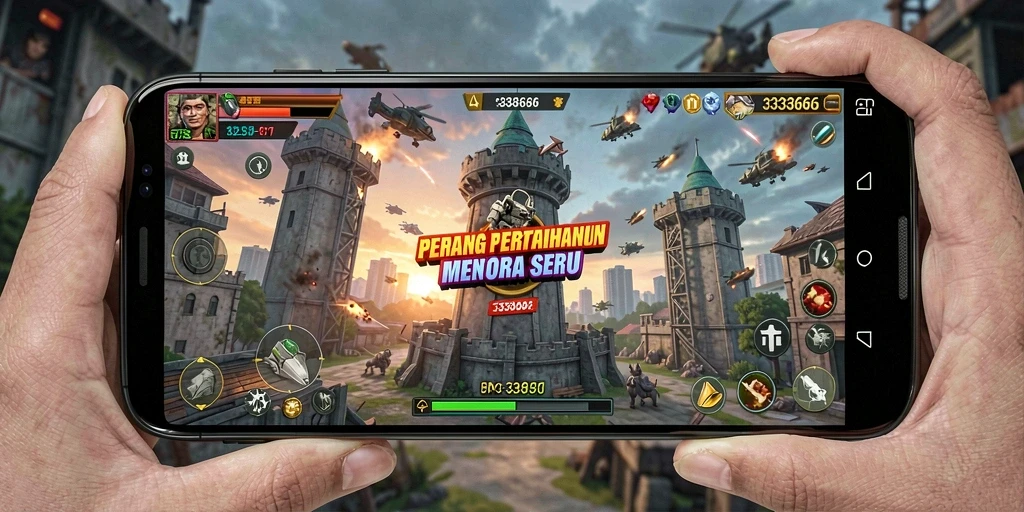 Tampilan seru pertempuran menara dalam gameplay 333666.