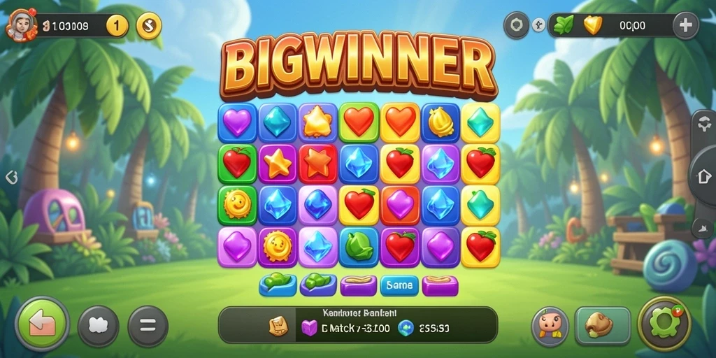 Gameplay BIGWINNER yang seru dengan kombinasi buah berwarna-warni.