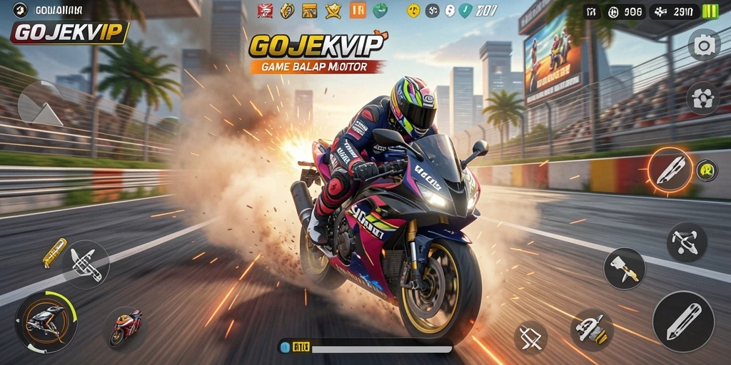 Tampilan gameplay mendebarkan di game balap motor GOJEKVIP.