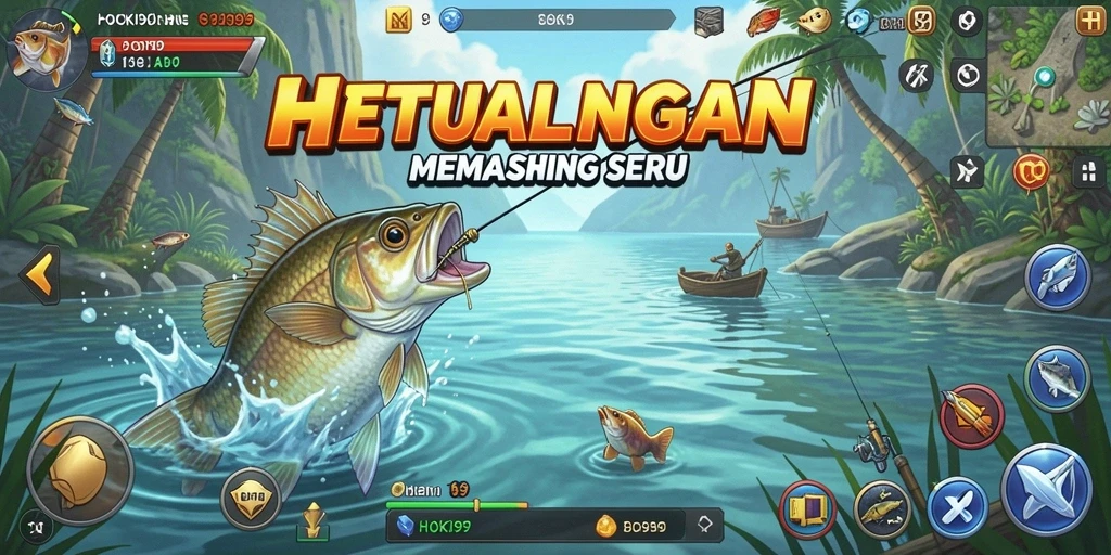 Tampilan gameplay HOKI99 saat menangkap ikan di danau.
