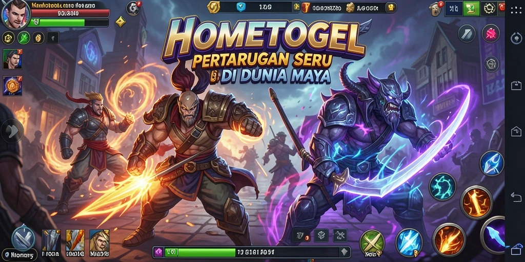 Screenshot gameplay HOMETOGEL menampilkan pertarungan seru dan karakter beragam.