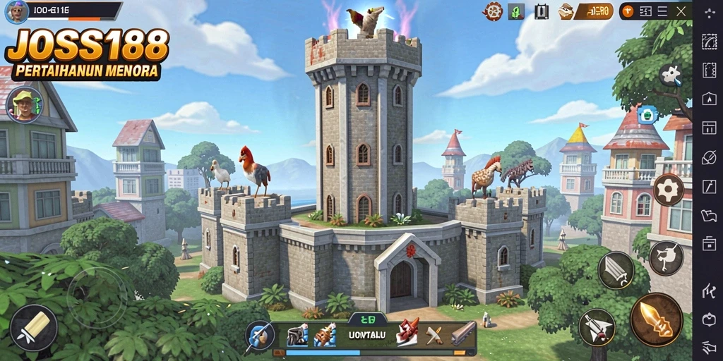 Tangkapan layar gameplay <strong>JOSS188</strong> menampilkan menara dan musuh yang berinteraksi.