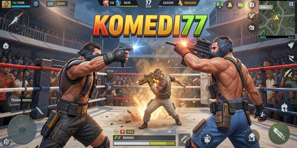 Screenshot gameplay <strong>KOMEDI77</strong> yang menunjukkan aksi Battle Royale yang mendebarkan.