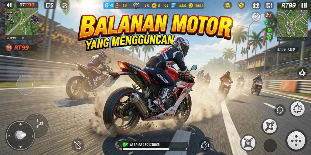 Tampilan gameplay RT99 dengan balapan motor yang menegangkan.
