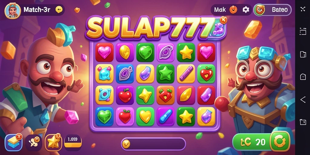 Gameplay SULAP777 yang menawan dengan elemen Match-3 yang cerah.
