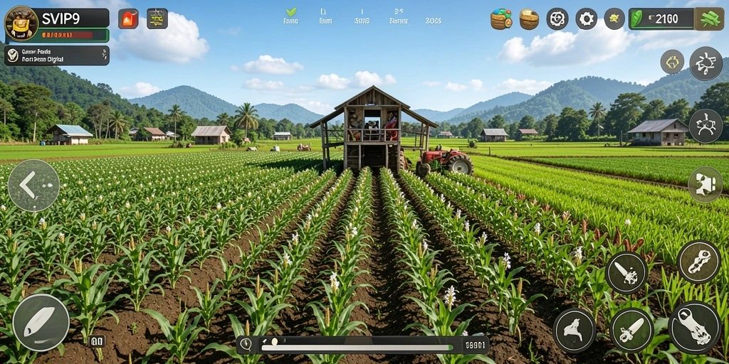 Tampilan gameplay SVIP9 menampilkan ladang hijau subur dengan tanaman yang berwarna-warni.